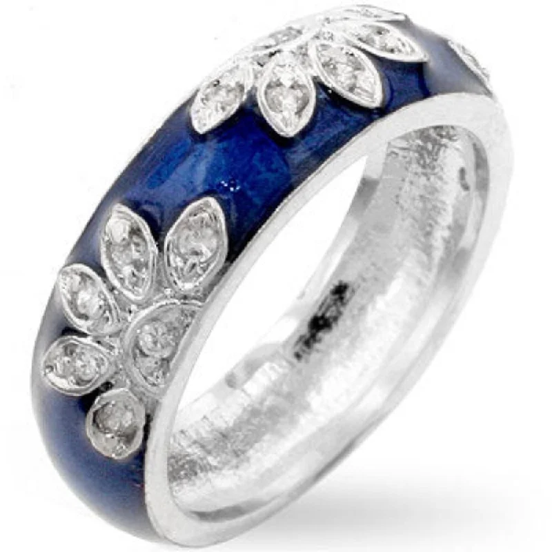 Rings inspired by skies with starry gems -Blue Rhodium Enamel Cubic Zirconia Leaf Ring