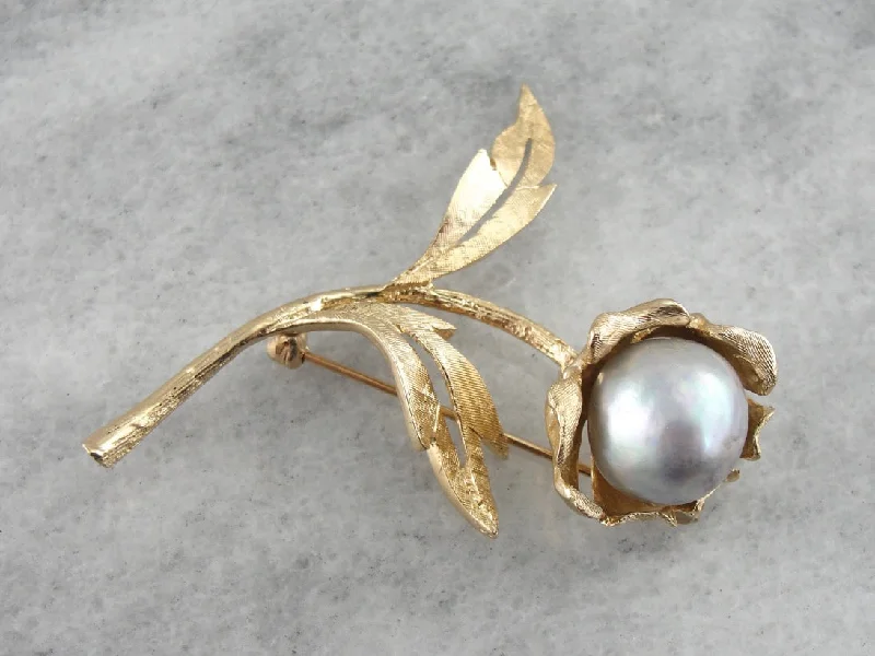 Quirky brooches and pins with offbeat stone style -Bold Gold & Vintage Baroque Pearl Floral Brooch, Large Mid Century Statement Brooch