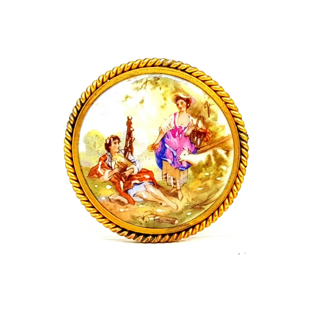 Sculpted brooches and pins with carved stone details -Antique Limoges porcelain brooch, romantic scene, 1940s, France.