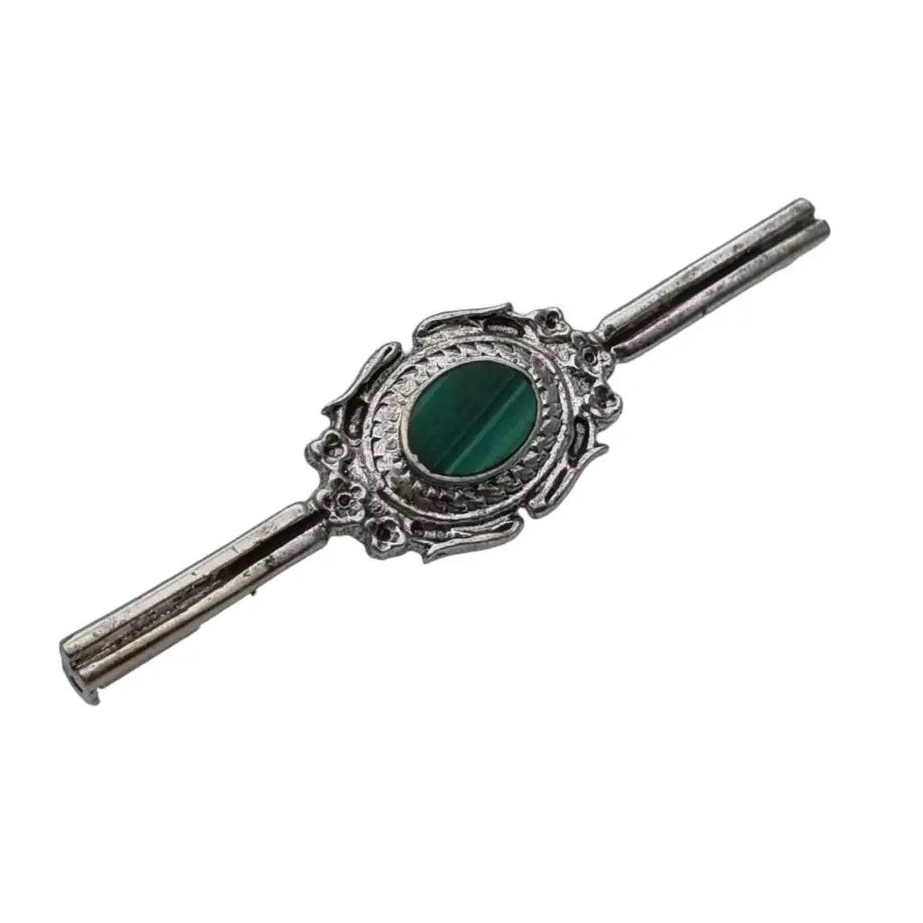 Bold brooches and pins with striking stone shapes -Malachite green silver art deco brooch for women, long lapel pin.