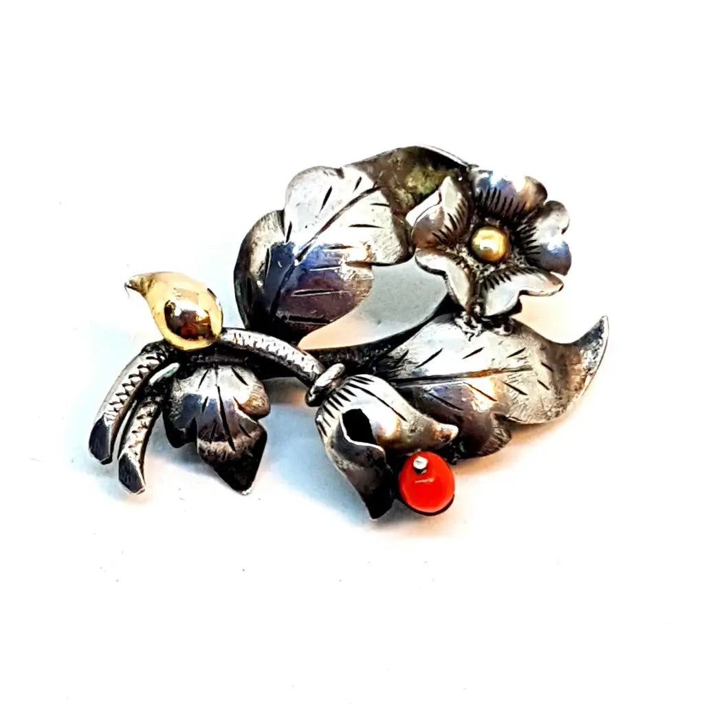 Wild brooches and pins with raw stone beauty -Coral brooch, beautiful silver and gold brooch. Bouquet of flowers. circa 1940.