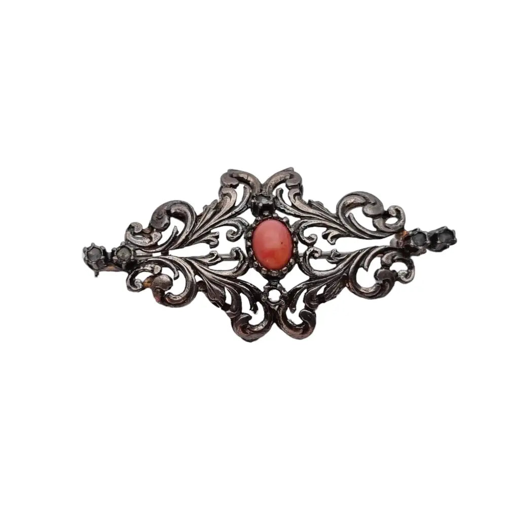 Handmade brooches and pins with artisanal stone beauty -Victorian coral brooch, sterling silver pin, white topaz stone.