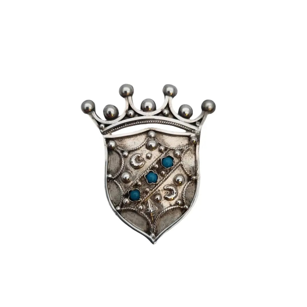 Quirky brooches and pins with offbeat stone style -Crown emblem brooch, vintage pin, 800 silver and turquoise, silver star pin.