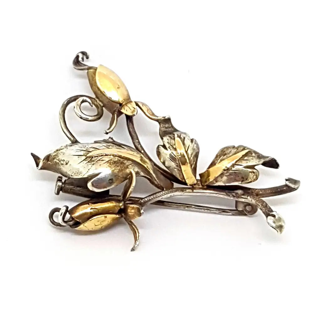 Tribal brooches and pins with ethnic stone flair -Flower brooch, lapel pin, silver and gold flowers, circa 1950, original brooch.