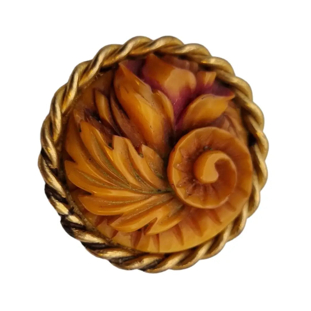 Gold brooches and pins for classic accessory shine -Carved celluloid flower brooch for women, floral spiral.