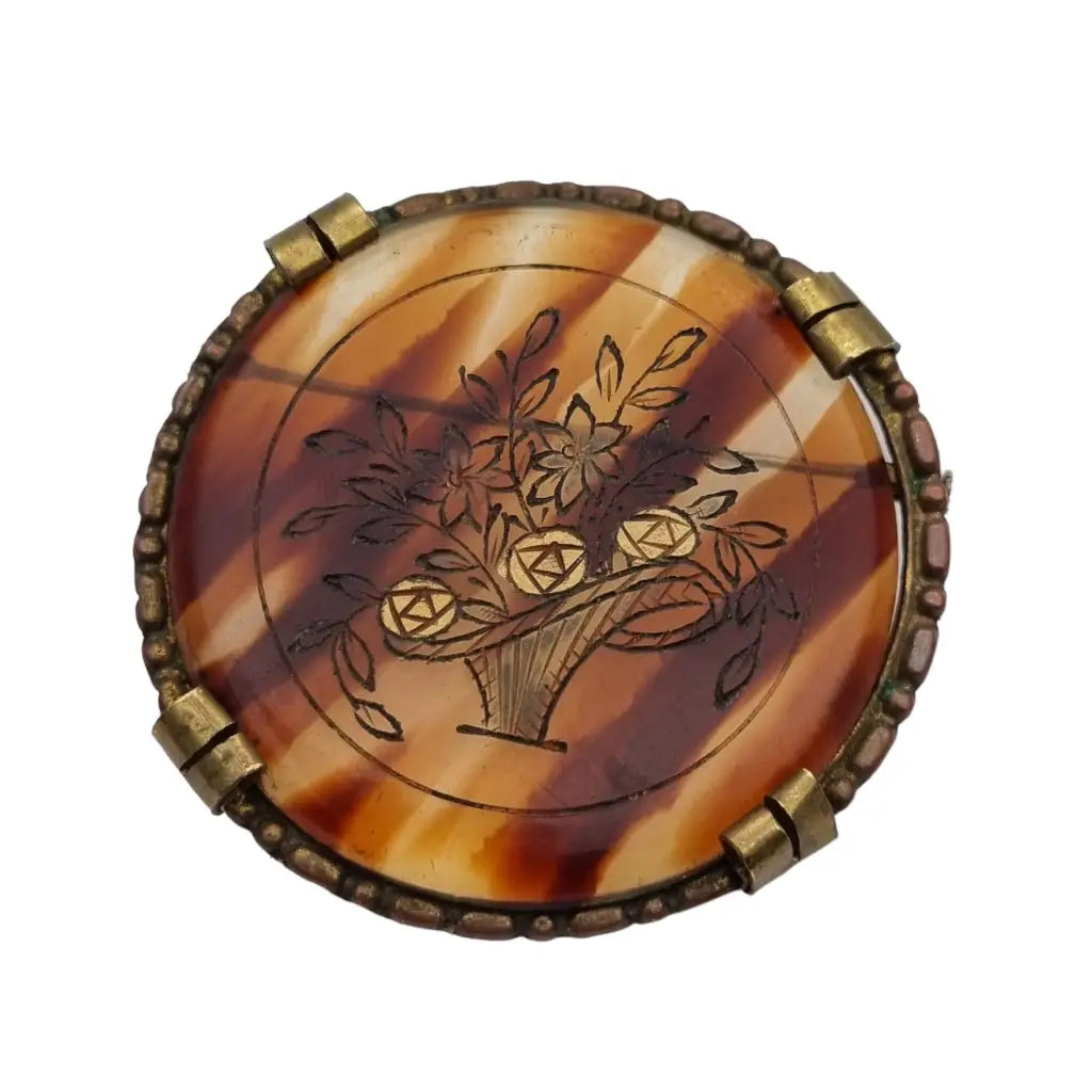 Sleek brooches and pins for subtle daily flair -Large round brown celluloid brooch for women, 40s, elegant design.