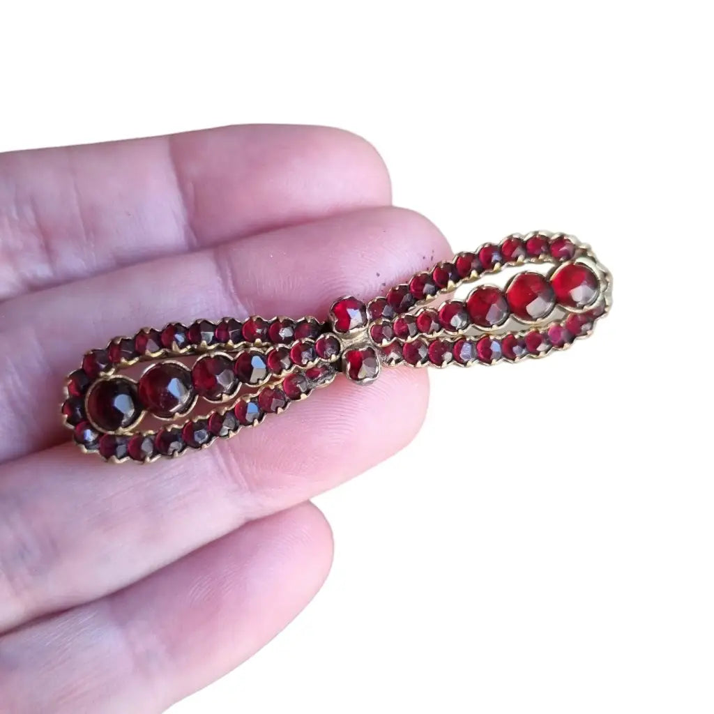 Wild brooches and pins with raw stone beauty -Victorian boho garnet bow brooch, antique jewelry.