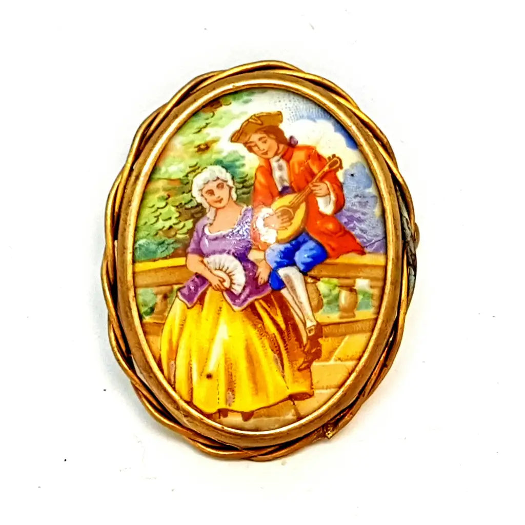 Fringe brooches and pins with stone drops play -French porcelain romantic scene limoges brooch for women.