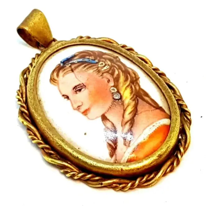 Drop brooches and pins with long stone charms -Vintage French painted porcelain limoges brooch, lady's cameo.