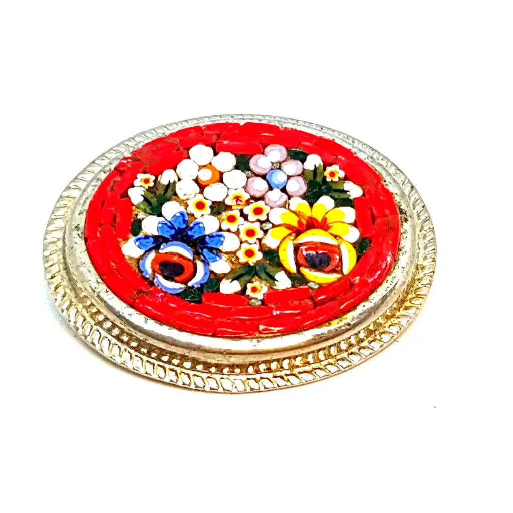 Retro brooches and pins with vintage stone charm -Vintage micro mosaic brooch, red micro mosaic pin, flower jewelry.