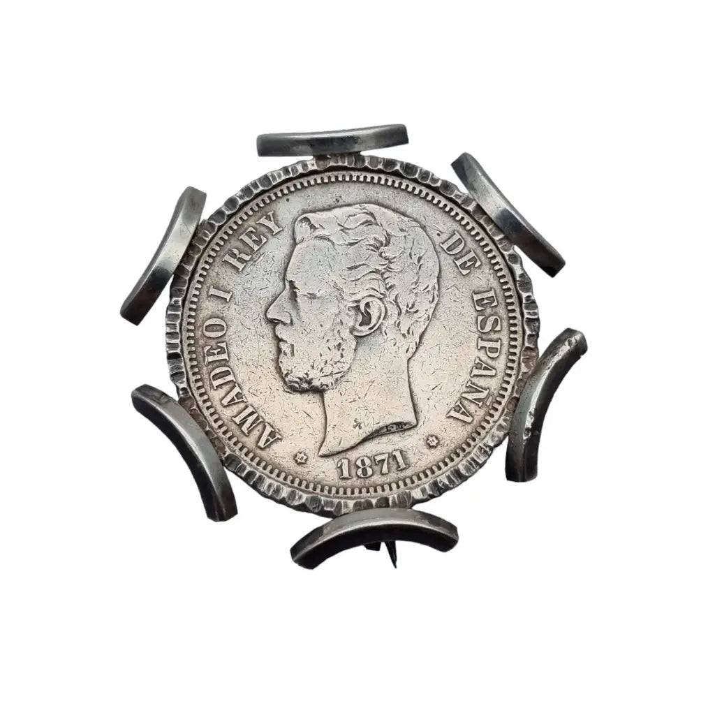 Etched brooches and pins with stone detail flair -Original Spanish silver coin brooch, Amadeo and 5 ptas.