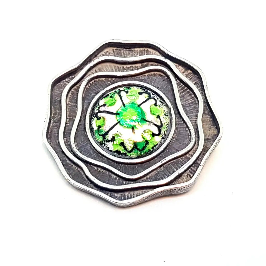 Custom brooches and pins with personalized name designs -Silver and enamel brooch, green enamel. Circa 1970. Antique and vintage jewelry.