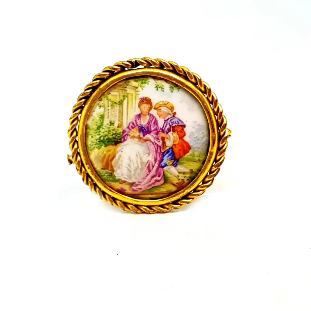 Retro brooches and pins with vintage stone charm -Limoges porcelain brooch, brooch, France. romantic scene. 1940.