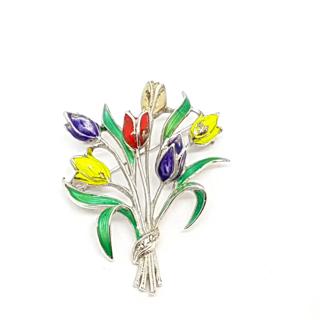 Brooches and pins featuring lapis for blue depth -Bouquet brooch. Silver pin. Antique brooch with enamel. Bouquet of flowers.