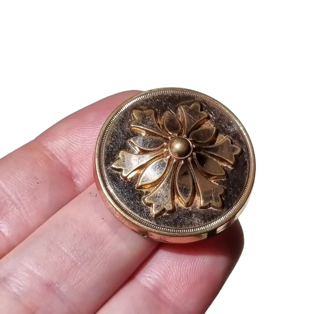 Brushed brooches and pins with rough stone texture -Women's Victorian French vintage round brooch, gold button.