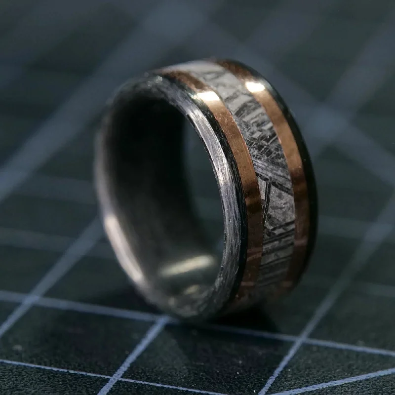 Secure rings with set stones for safety -Carbon Fiber, Gold, and Meteorite Ring