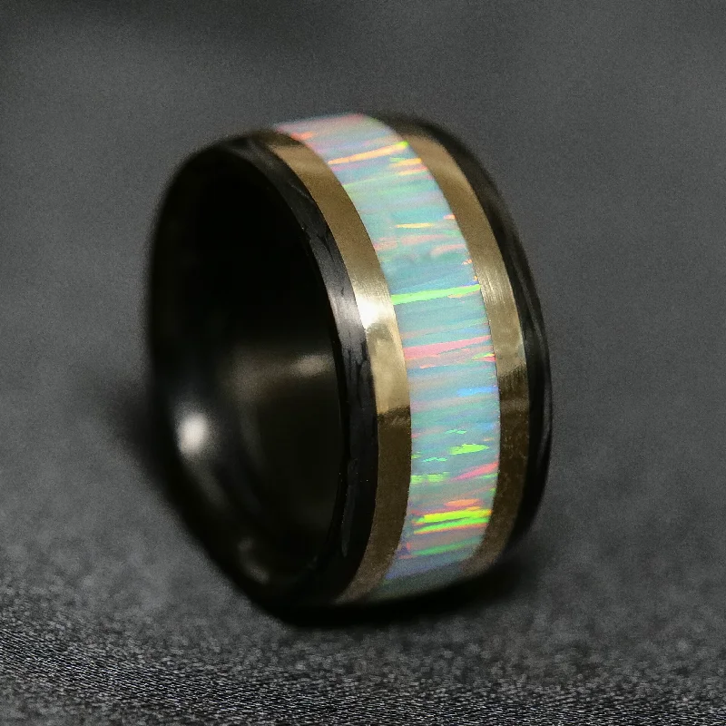 Rings featuring agate for banded gem beauty -Carbon Fiber, Gold, and Opal Ring