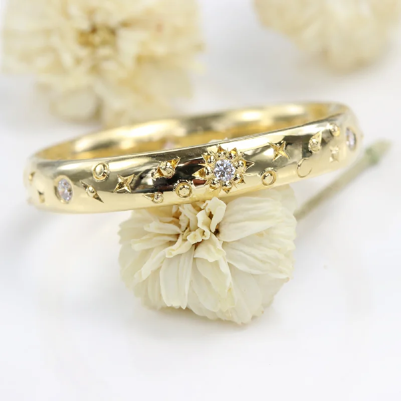 Diamond Rings for Anniversary Celebration-Celestial Diamond Band | Sun, Moon and Stars Gold Ring