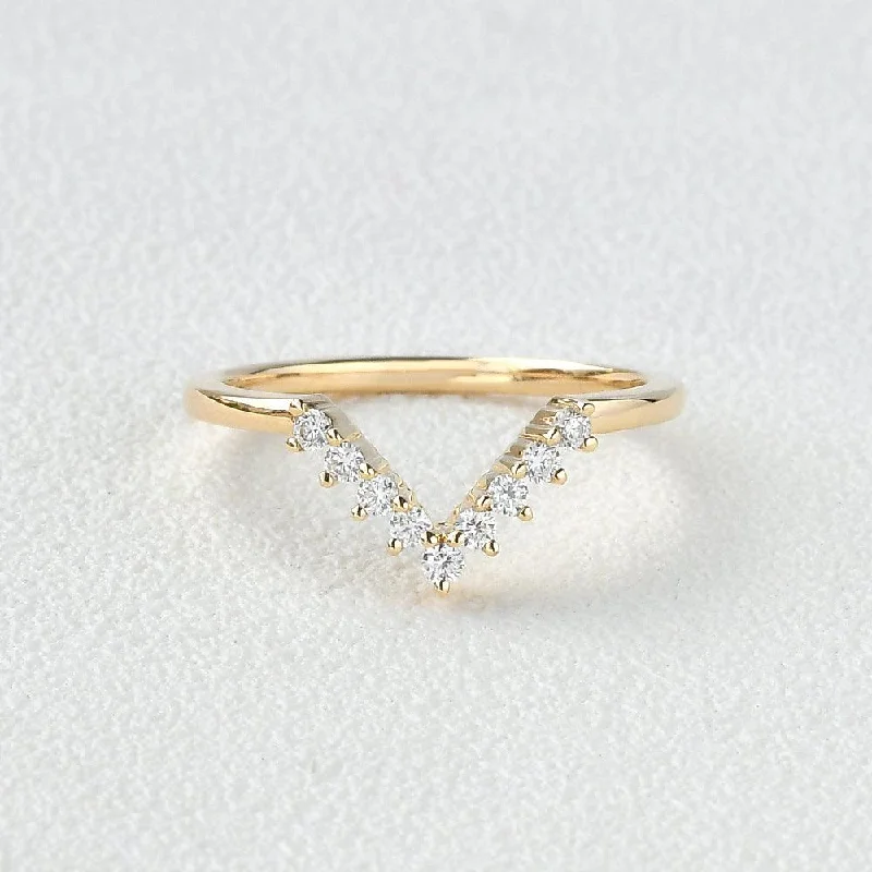 Minimal rings ideal for subtle daily finger shine -Chevron V Shaped Moissanite Yellow Gold Ring