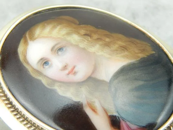 Dainty brooches and pins ideal for subtle style -Antique Painted Portrait Cameo Gold Brooch Pendant