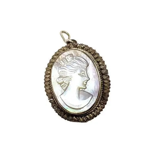 Brooches and pins featuring pearls for classic shine -Vintage shell cameo pendant, carved mother of pearl, 800 silver clasp.