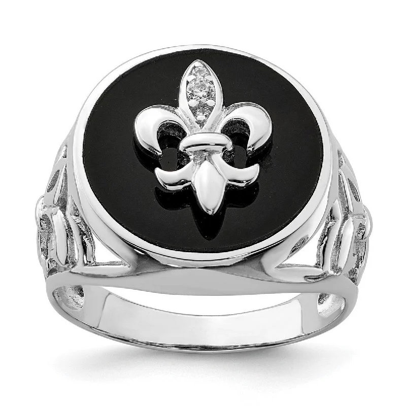 Rings perfect for kids with playful stones -Curata 925 Sterling Silver Polished Open back Rhodium Plated Cubic Zirconia Black Simulated Onyx Ring