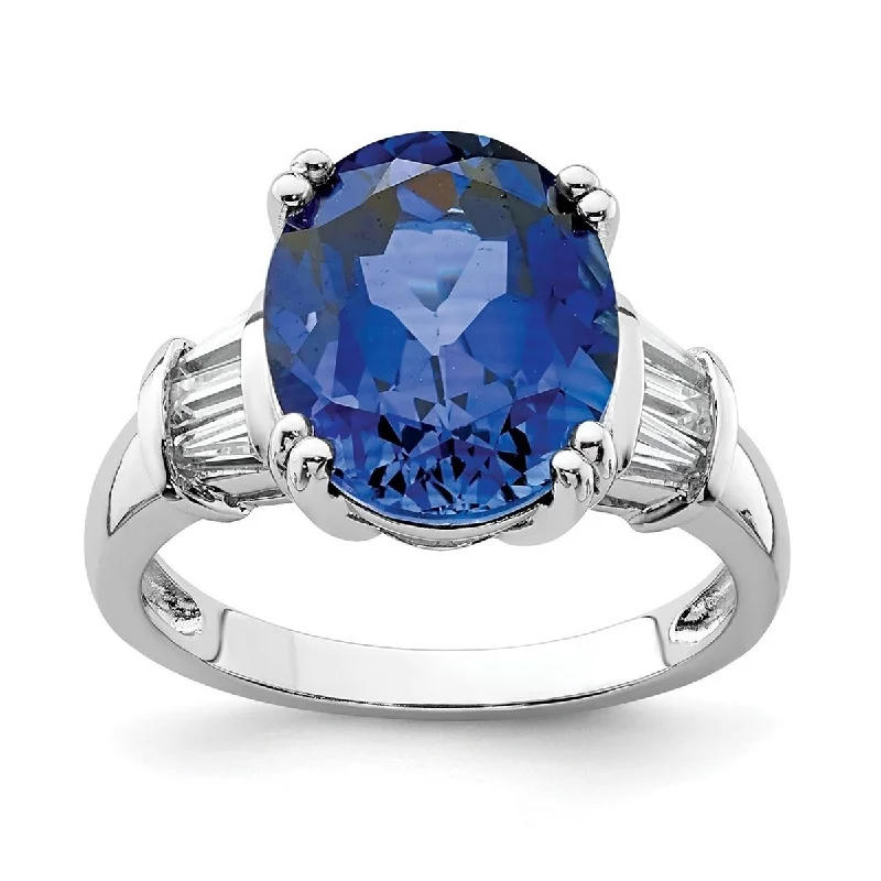 Colorful rings with mixed gems for vibrancy -Curata 925 Sterling Silver Rhodium Plated Lab Cr Blue Sapphire and CZ Cubic Zirconia Ring