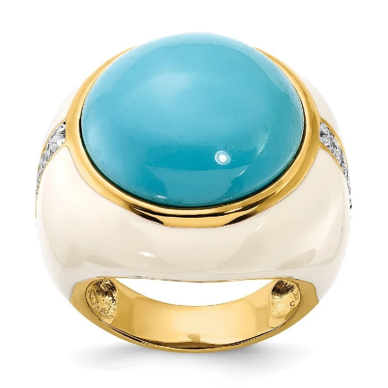 Eye-catching rings with unique shapes for flair -Curata Gold Plated 925 Sterling Silver Wht Enam Simulated Turquoise and Cubic Zirconia Ring