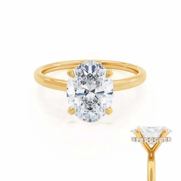 Diamond Rings with Apatite Shade for Soft Look-PARIS - Oval Diamond Hidden Halo 18k Yellow Gold Engagement Ring