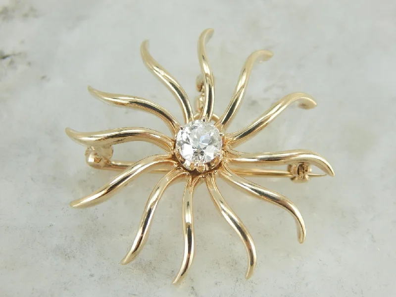 Etched brooches and pins with stone detail flair -Diamond Sun Pendant or Brooch in Yellow Gold