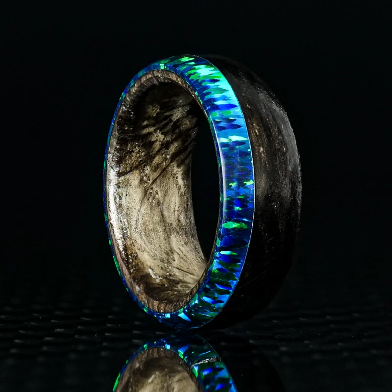 Birthstone rings with personal gemstone picks -Ebony Wood and Opal Ring