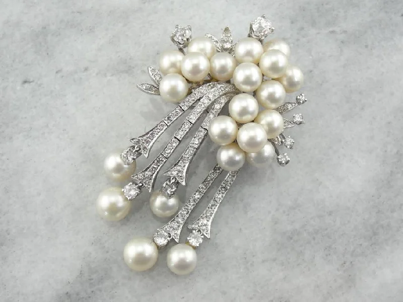 Silver brooches and pins for affordable elegance -Edwardian Diamond and Pearl Brooch En Pendant, White Gold