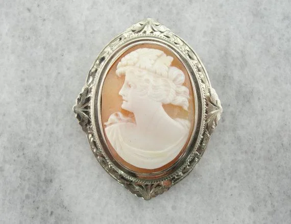 Gothic brooches and pins with dark stone vibes -Engraved Flat Bezel Edge Antique Cameo Brooch