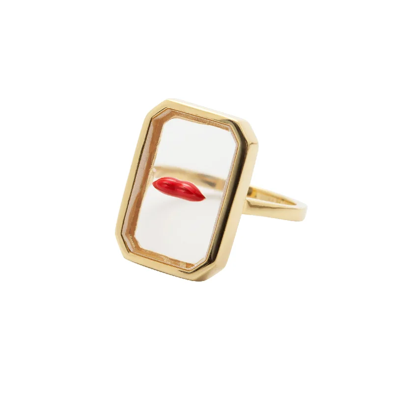 Thick rings designed for striking finger looks -Lips Red & Transparent Gold Plated Ring