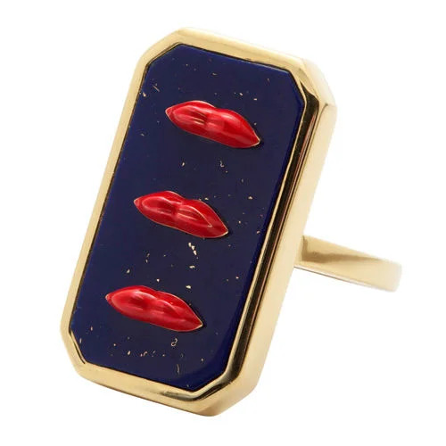 Rings featuring agate for banded gem beauty -Three Lips Red & Blue Gold Plated Ring