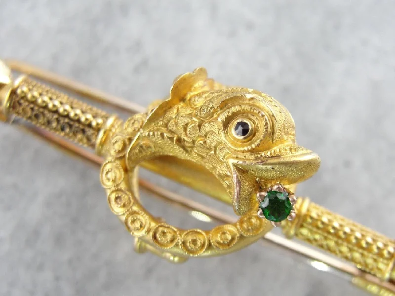 Brooches and pins with thin pins for ease -Etruscan Revival Dolphin Brooch with Demantoid Garnet Accent