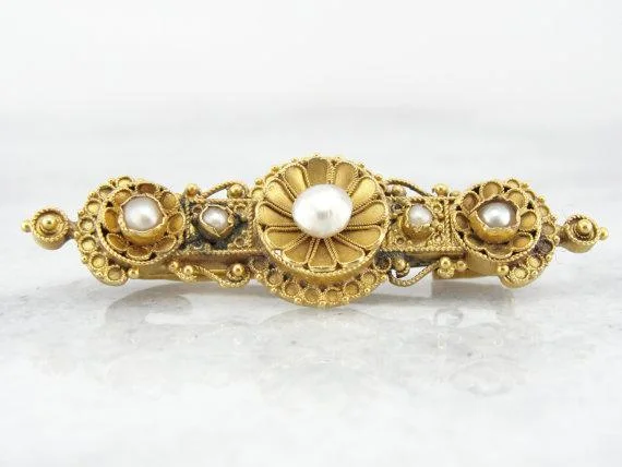 Bright brooches and pins with mixed stone dazzle -Etruscan Revival Victorian 22K Gold and Pearl Brooch