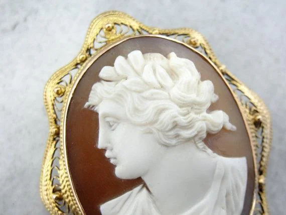 Brooches and pins featuring citrine for golden warmth -Vintage Cameo Gold Filigree Pendant Brooch