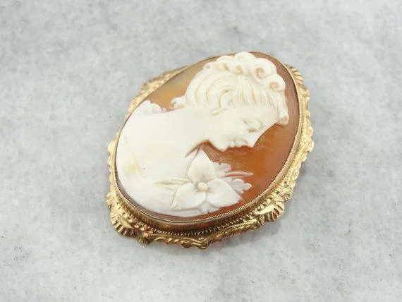 Rose gold brooches and pins for warm glow -Exquisite Cameo with Flower Shoulder Brooch or Pendant