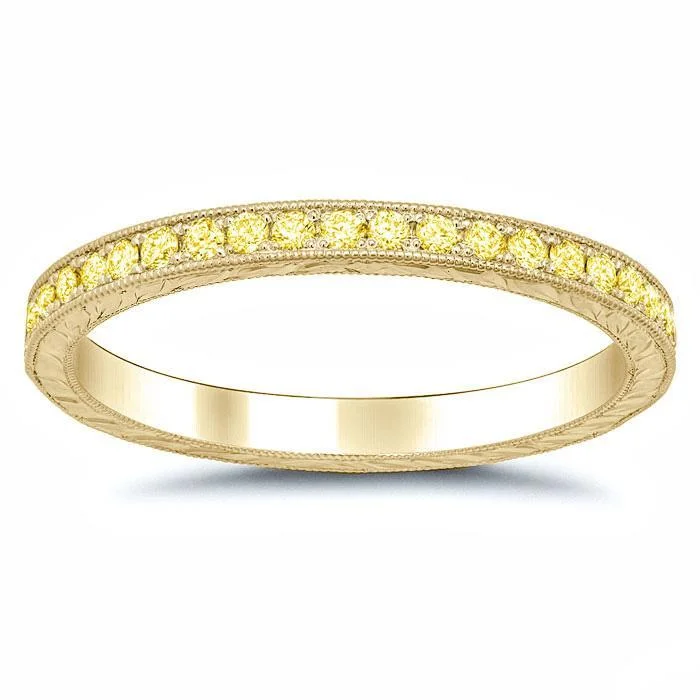 Diamond Rings for Architects' Aesthetics-0.50 cttw Fancy Yellow Diamond Yellow Gold Hand Engraved Eternity Ring