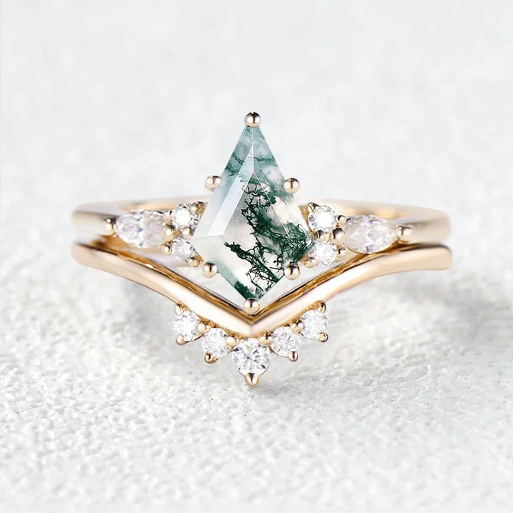 Minimal rings ideal for subtle daily finger shine -Felicegals Kite Cut Moss Agate Engagement Ring Set 2pcs