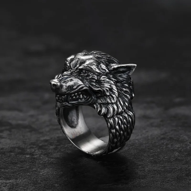 Rings featuring malachite for green gem swirls -Fenrir Wolf Head Sterling Silver Ring