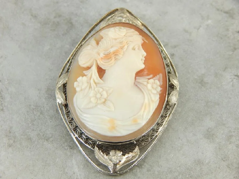 Brooches and pins inspired by deco stone glam -Floral Framed Flower Lady Cameo Pendant or Brooch