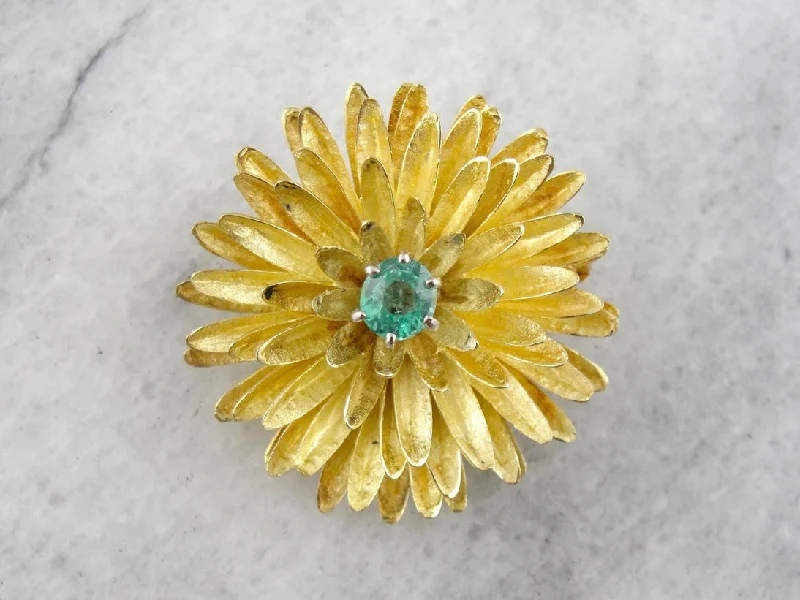 Brooches and pins featuring smoky quartz for depth -Flower Brooch with Bright Emerald Center, Textured High Karat Yellow Gold