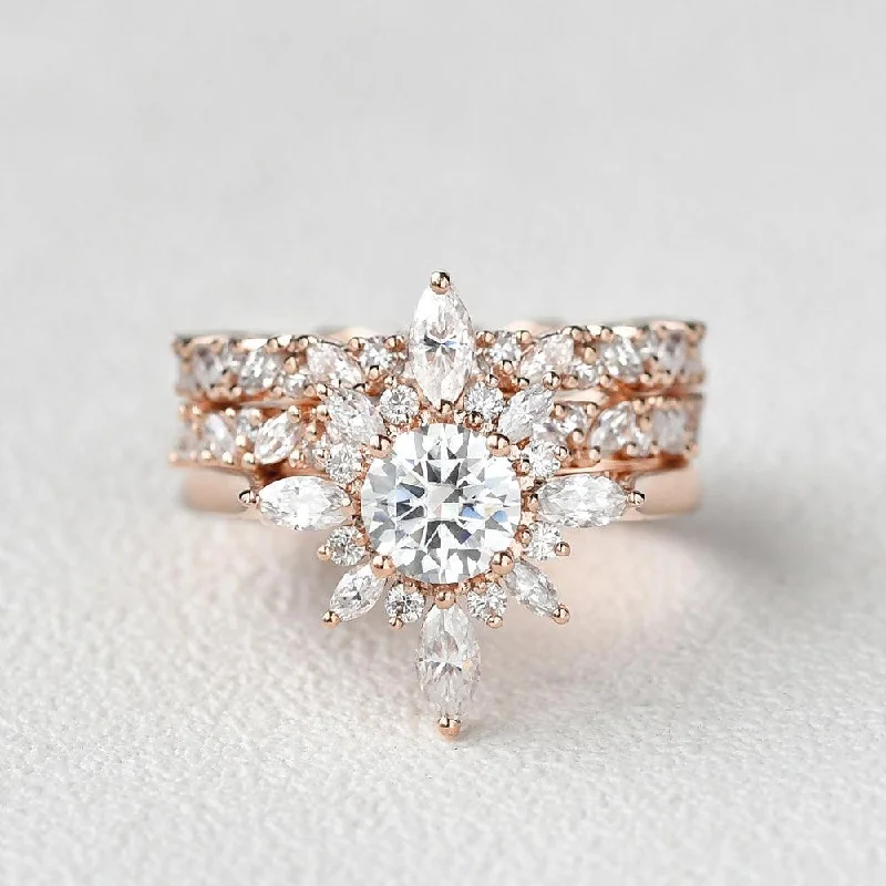 Sharp rings with modern cuts for elegance -Flower Marquise Moissanite Cluster Ring Set 3pcs