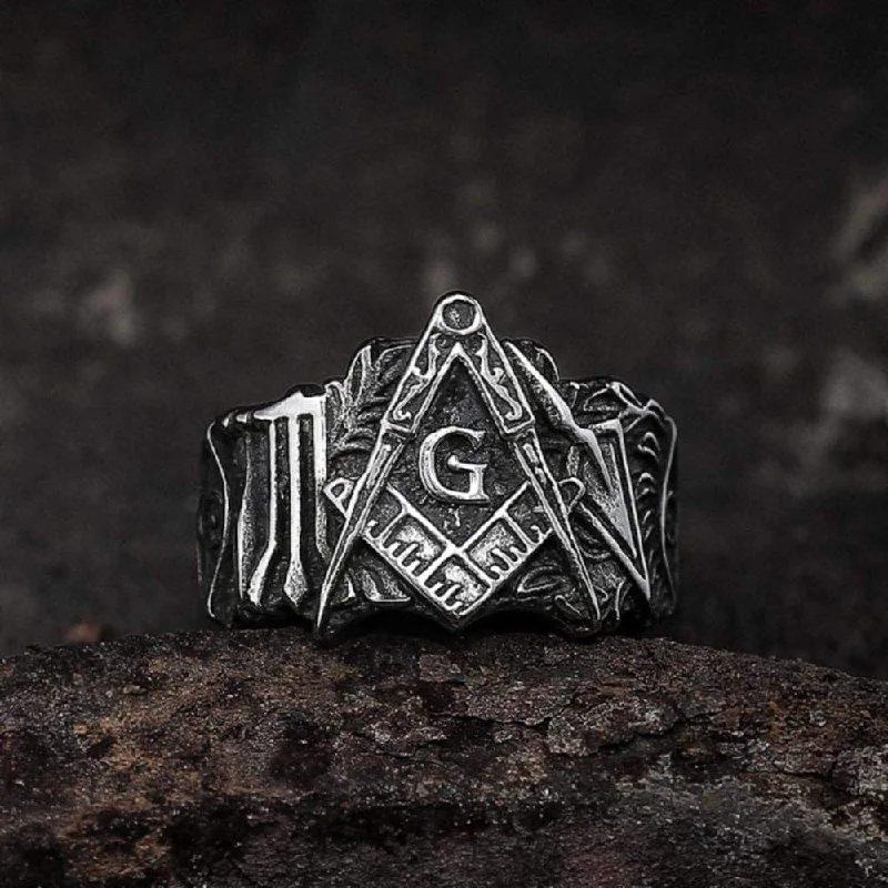 Textured rings with hammered bands for rusticity -Classic Masonic Symbol Stainless Steel Freemason Ring