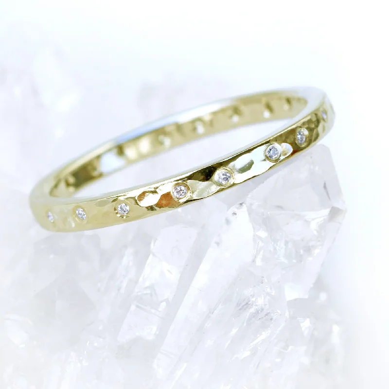 Diamond Rings for Anniversary Celebration-Slim Hammered 20 Diamond Gold Eternity Ring