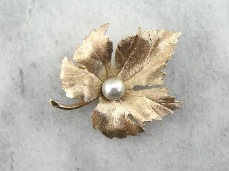 Sleek brooches and pins for subtle daily flair -Gold Grape Leaf Brooch with Pearl Center