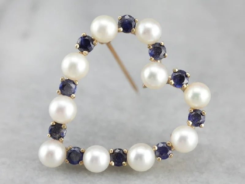 Brooches and pins perfect for events with shine -Pearl Sapphire Gold Heart Brooch