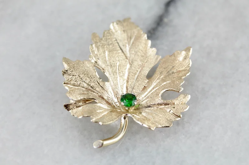 Brooches and pins inspired by cosmos with stones -Golden Leaf Brooch with Demantoid Garnet Center